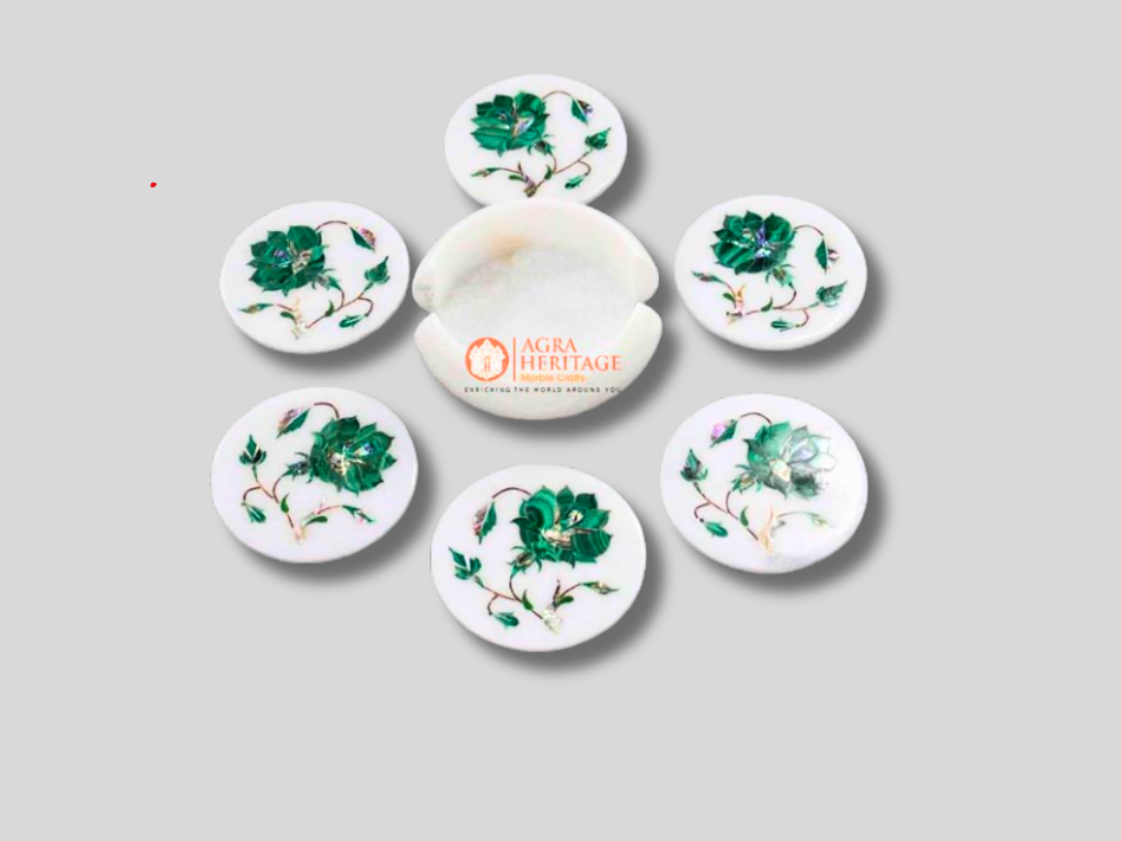 White Marble Coaster Set Malachite Inlay Floral Art Gift